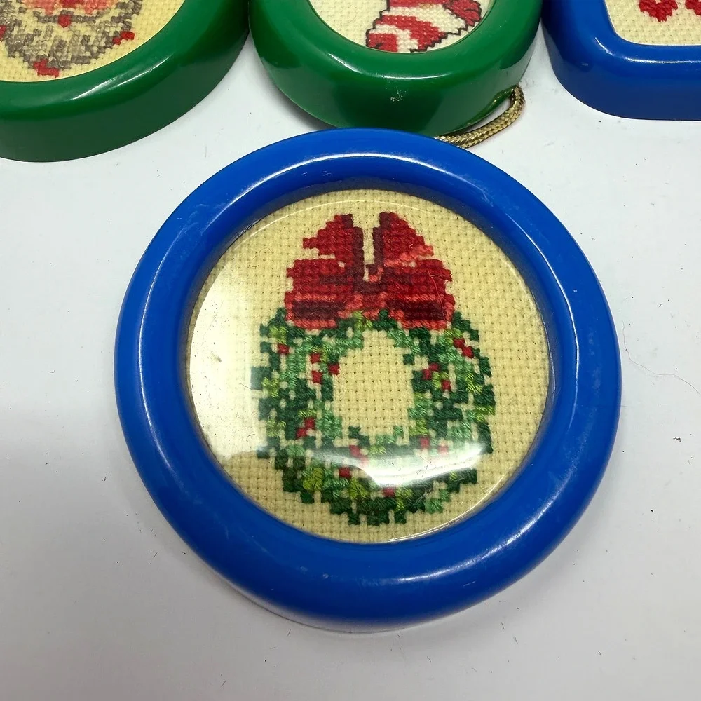 Lot of 6 Vintage Handmade Cross Stitch Christmas Ornaments Plastic Frames